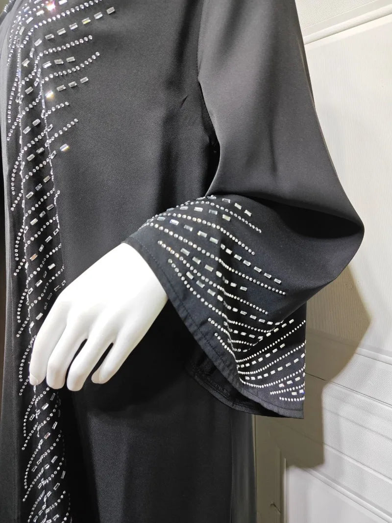 Luxury Crystal-Studded Dubai Abaya Dress for Women Elegant Muslim Modest Cardigan Islam Holiday Outfit Plain Turkey Kaftan Robe