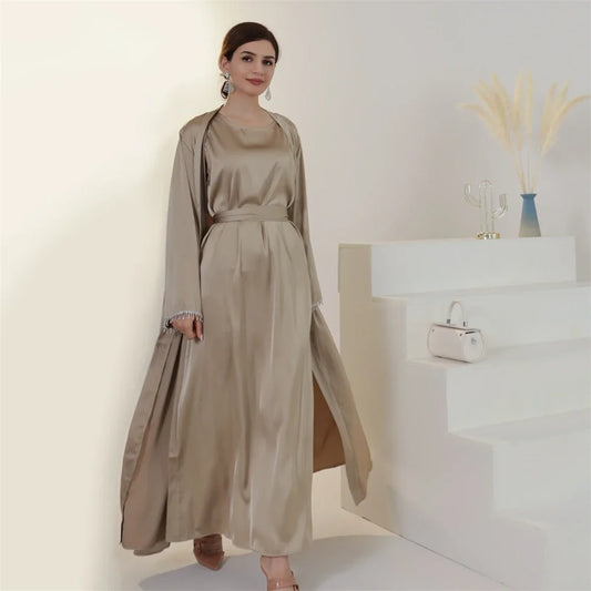 Eid Ramadan Satin Open Abaya Kimono 2 Piece Sets Muslim Women Dresses Turkey Arabic Kaftan Party Dubai Abayas Gown Outfit Caftan