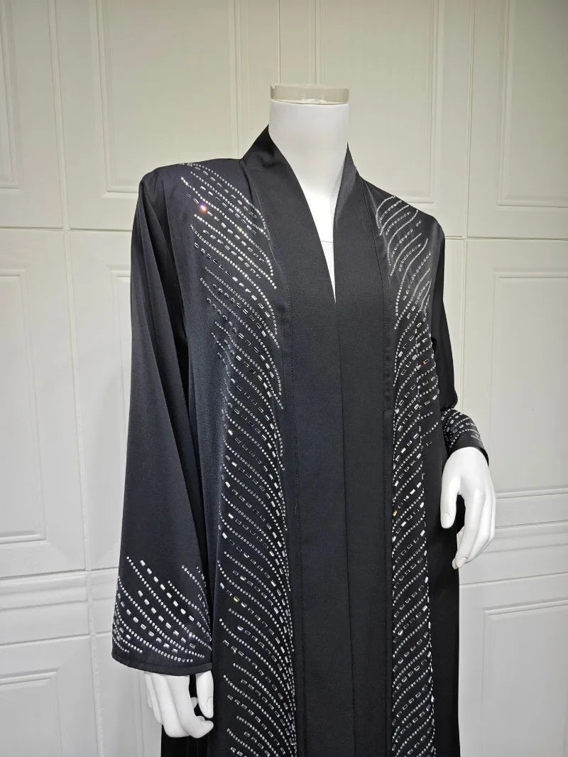 Luxury Crystal-Studded Dubai Abaya Dress for Women Elegant Muslim Modest Cardigan Islam Holiday Outfit Plain Turkey Kaftan Robe