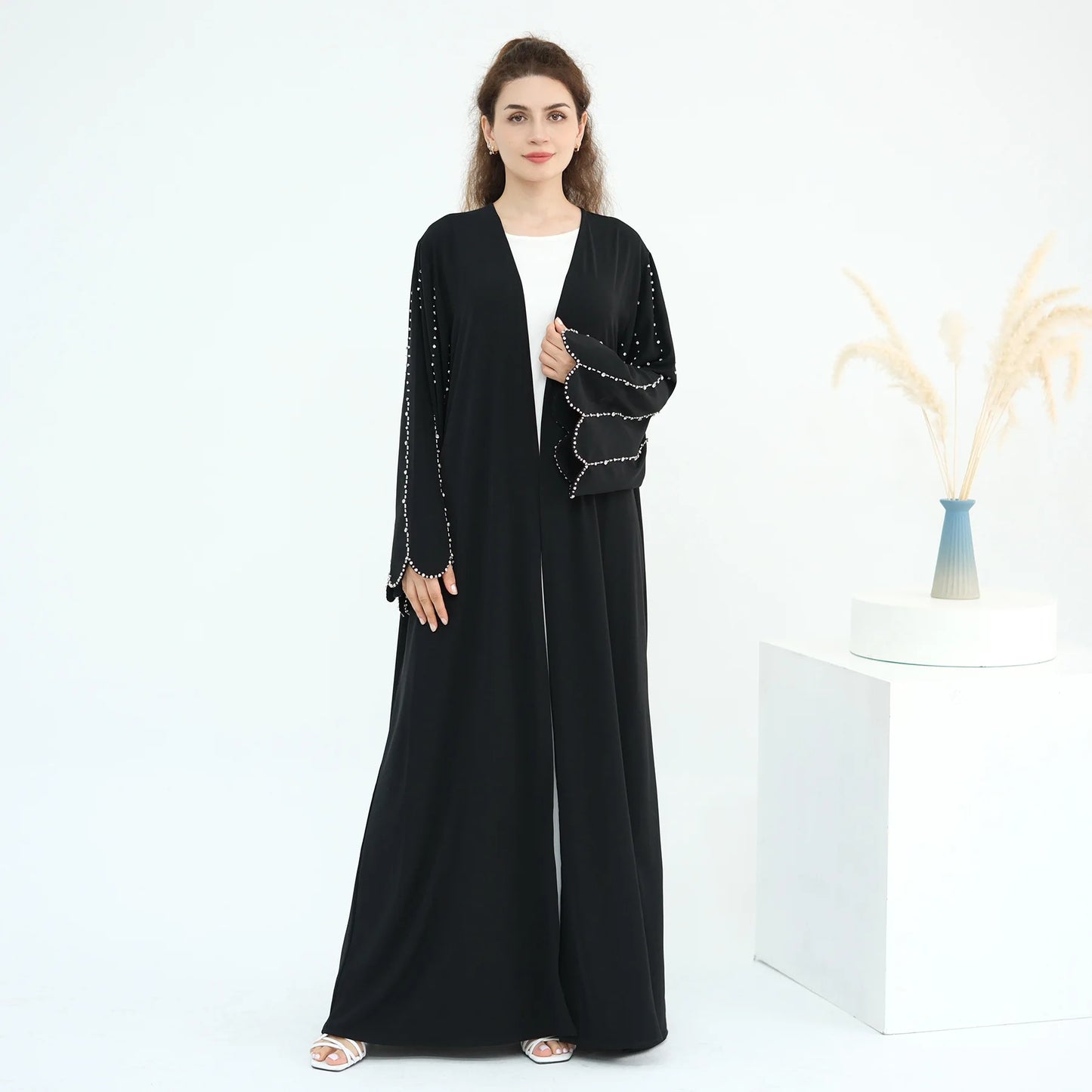 Eid Women Abaya Diamond Beading Sleeve Cardigan Dress Muslim Jalabiya Ramadan Islam Party Arab Long Robe Morocco Dubai Kaftan