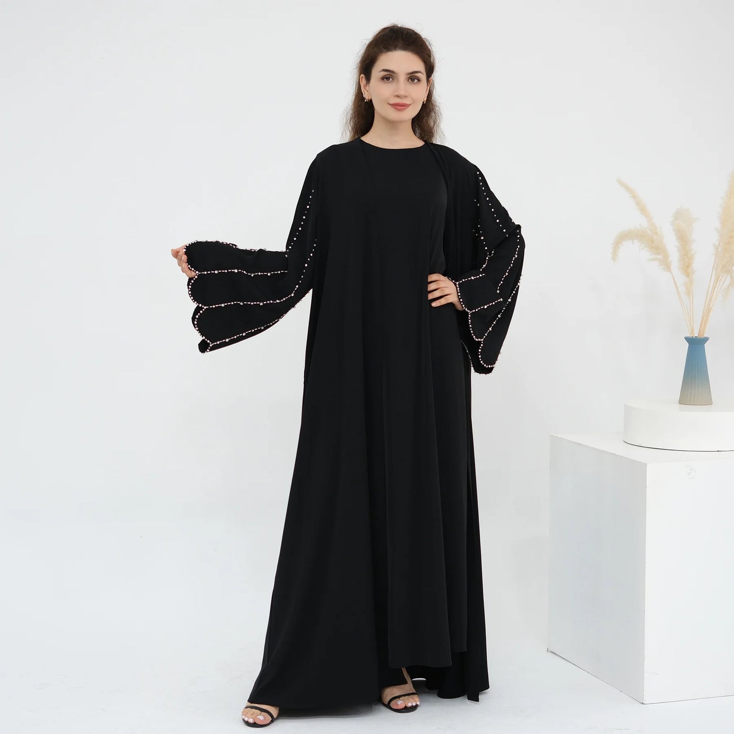Eid Women Abaya Diamond Beading Sleeve Cardigan Dress Muslim Jalabiya Ramadan Islam Party Arab Long Robe Morocco Dubai Kaftan