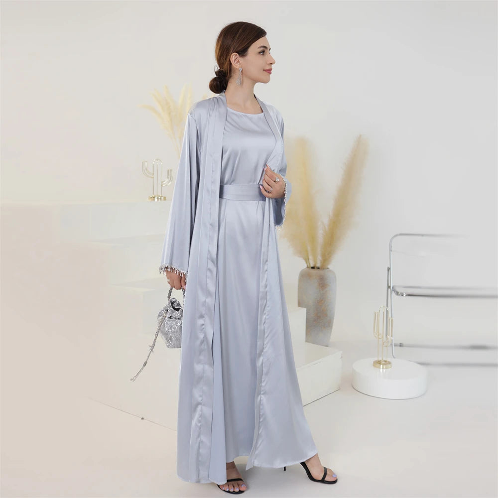 Eid Ramadan Satin Open Abaya Kimono 2 Piece Sets Muslim Women Dresses Turkey Arabic Kaftan Party Dubai Abayas Gown Outfit Caftan