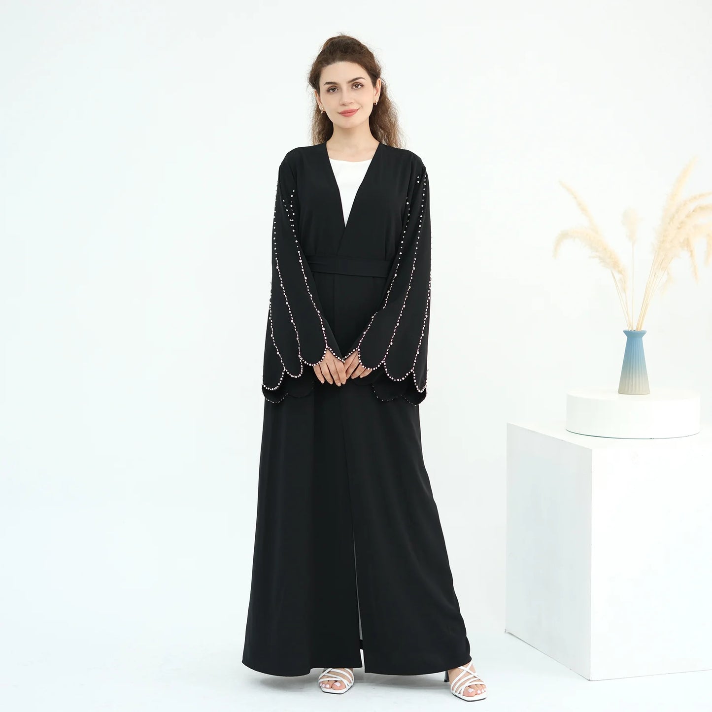 Eid Women Abaya Diamond Beading Sleeve Cardigan Dress Muslim Jalabiya Ramadan Islam Party Arab Long Robe Morocco Dubai Kaftan